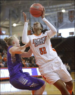BG’s Alexis Rogers shoots over High Point’s Teddy Vincent during the first half Thursday night. Rogers scored 14 points.