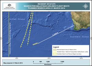 This graphic provided by Australian Maritime Safety Authority, shows an area in the southern Indian Ocean that the AMSA is concentrating its search for the missing Malaysia Airlines Flight MH370 on.