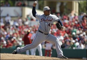 Detroit Tigers relief pitcher Bruce Rondon throws during an exhibition spring training game in March, 2013.