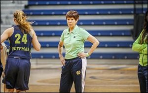 Notre Dame coach Muffet McGraw watches her team practice for tonight’s game at Savage Arena against Arizona State. The Fighting Irish will try to improve to 34-0.