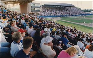 A crowd packs Ned Skeldon Stadium on Aug. 20, 1992, to watch the  Mud Hens. The team played there until moving downtown to Fifth Third Field in 2002.