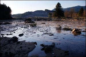 Water and mud back up on the east side of Saturday's fatal mudslide near Oso, Wash.