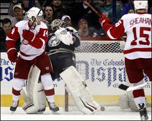 Detroit Red Wings' Gustav Nyquist (14), of Sweden, scores his second goal against Columbus Blue Jackets goalie Curtis McElhinney (31) as Detroit's Riley Sheahan (15) looks on in the second period.