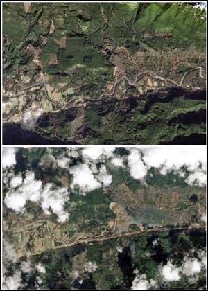 This combination of images provided by NASA shows the Oso, Wash. area on Jan. 18, 2014, top, and the same area on March 23, 2014, bottom, after a March 22 landslide sent muddy debris spilling across the North Fork of the Stillaguamish River. .
