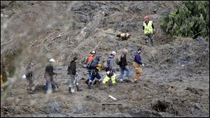 Searchers walk into the scene of a deadly mudslide that covers the road, Wednesday in Oso, Wash. Sixteen bodies have been recovered, but authorities believe at least 24 people were killed. 