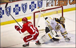 The Red Wings’ Gustav Nyquist beat Bruins goalie Tuukka Rask for the game-winning goal during the third period on Wednesday. The Wings are the top wild-card for the playoffs with six games left.