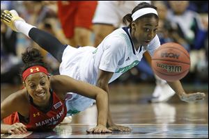 Notre Dame guard Jewell Loyd and Maryland guard Lexie Brown vie for a loose ball during the first half of a Final Four matchup. The Fighting Irish move on to face UConn in the finals.