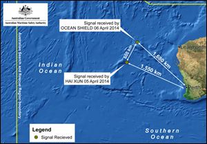 This image provided by the Joint Agency Coordination Centre today shows a map indicating the locations of search vessels looking for signs of the missing Malaysia Airlines Flight 370 in the southern Indian Ocean.