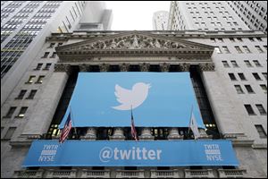 A banner with the Twitter logo hangs on the facade of the New York Stock Exchange in New York the day after the company went public in November.