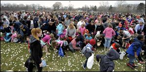 A total of 20,000 marshmallows are dropped by a helicopter three times into a field for different age groups.