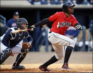 Indianapolis Indians RF Gregory Polanco drives in two runs against the Toledo Mud Hens during the fifth inning.