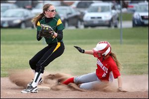 Clay’s Brooke Gyori forces out Bowling Green’s Haley Yarnell at second base in the bottom of the fourth inning Tuesday. The Eagles improved to 12-1.