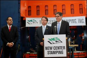 U.S. Treasury Secretary Jack Lew speaks during a visit to the New Center Stamping facility today in Detroit.