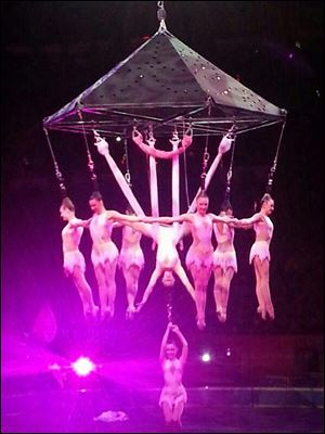 Performers hang during an aerial hair-hanging stunt at the Ringling Brothers and Barnum and Bailey Circus, Friday in Providence, R.I. A platform collapsed during an aerial hair-hanging stunt at the 11 a.m. performance Sunday, sending eight acrobats plummeting to the ground. 