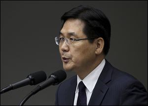 South Korean Defense Ministry spokesperson Kim Min-seok speaks about the outcome of a government investigation into unmanned drones recently found near the inter-Korean border areas, during a news conference at the ministry in Seoul, South Korea, today.