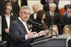 In 2012 , former Ohio State football coach Jim Tressel spoke after being introduced as the new vice president for strategic engagement at the University of Akron. He’s now headed to Youngstown State.