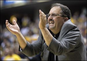 Then Orlando Magic head coach Stan Van Gundy gestures in the second half of an NBA first-round playoff basketball game in 2012. Van Gundy has been named coach, president of The Detroit Pistons.
