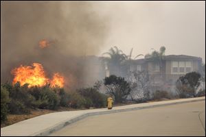 A wildfire climbs a canyon toward homes Wednesday, May 14, 2014, in Carlsbad, Calif. More wildfires broke out Wednesday in San Diego County — threatening homes in Carlsbad and forcing the evacuations of military housing and an elementary school at Camp Pendleton.