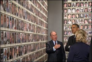President Obama and former Secretary of State Hillary Rodham Clinton tour  Memorial Hall at the National September 11 Memorial Museum with former New York City Mayor Michael Bloomberg.