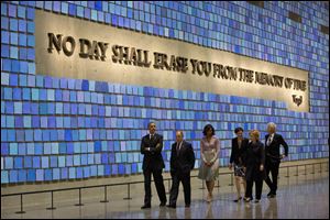 President Obama, first lady Michelle Obama, former New York City Mayor Michael Bloomberg, former Secretary of State Hillary Rodham Clinton, former President Bill Clinton, and Diana Taylor, tour the Memorial Hall at the National September 11 Memorial Museum.