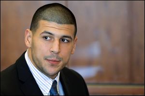 Former New England Patriots NFL football player Aaron Hernandez attends a pretrial court hearing in superior court in Fall River, Mass in October.