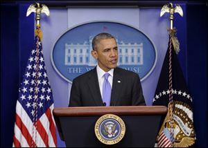 President Obama speaks in the Brady Press Briefing Room of the White House in Washington, today, following his meeting with Veterans Affairs Secretary Eric Shinseki.