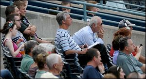 Tigers' general manager and president Dave Dombrowski, center left, and former manager Jim Leyland watch the Mud Hens play on Tuesday. Toledo responded with a resounding win.