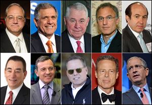 The 10 highest-paid CEOs of 2013, as calculated by The Associated Press and Equilar, an executive pay research firm. Top row, from left: Anthony Petrello, Nabors Industries, $68.2 million; Leslie Moonves, CBS, $65.6 million; Richard Adkerson, Freeport-McMoRan Copper & Gold, $55.3 million; Stephen Kaufer, TripAdvisor, $39 million; and Philippe Dauman, Viacom, $37.2 million. Bottom row, from left: Leonard Schleifer, Regeneron Pharmaceuticals, $36.3 million; Robert Iger, Walt Disney, $34.3 million; David Zaslav, Discovery Communications, $33.3 million; Jeffrey Bewkes, Time Warner, $32.5 million; and Brian Roberts, Comcast, $31.4 million.