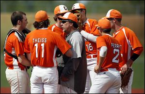 Southview head coach Ed Mouch talk to his players during the sixth inning of the Division I District baseball semifinals.