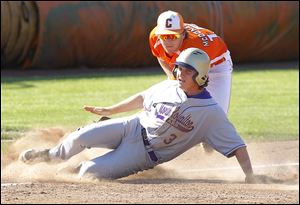 North Royalton’s Bryan Bielak eludes the tag of Southview’s Griffin McDonald for a triple in the third inning of the Cougars’ 3-1 loss in a regional final at Bowling Green on Friday.