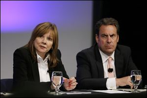 General Motors CEO Mary Barra, and Executive Vice President Mark Reuss, hold a news conference at the General Motors Technical Center in Warren, Mich., today.