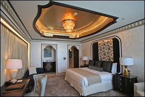 The Abu Dhabi suite has three bedrooms and is suspended 720 feet above the ground between the buildings of the Nation Towers Development. The nearly 24,000-square-foot suite also has a spa, a cinema, a bar, two kitchens, and 19 chandeliers made of Bohemian glass crystal.