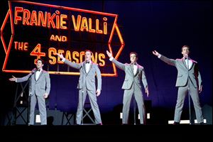 John Lloyd Young as Frankie Valli, Erich Bergen as Bob Gaudio, Vincent Piazza as Tommy DeVito, and Michael Lomenda as Nick Massi in ‘‍Jersey Boys.’