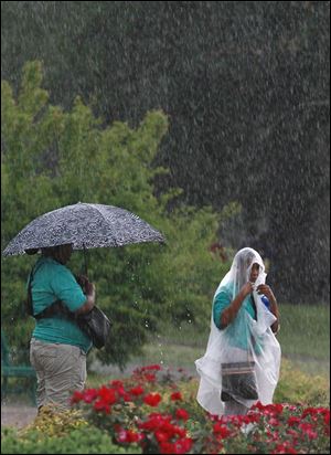 Toledo Zoo employees Kiera Williams, left, and Samiyia Pittmon shield themselves from the rain during a thunderstorm as they wait at the bus stop. 