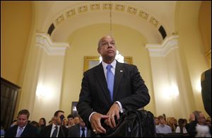Homeland Security Secretary Jeh Johnson arriving to testify before the House Committee on Homeland Security on Capitol Hill in Washington about the growing problem of unaccompanied children crossing the border into the United States.