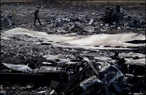 A man walks amongst charred debris at the crash site of Malaysia Airlines Flight 17 near the village of Hrabove, eastern Ukraine.