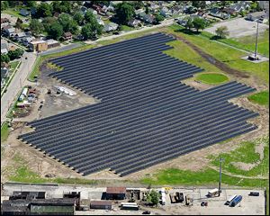 An aerial view of the Rudolph/Libbe solar array adjacent to the north side of the zoo’s main parking lot between Anthony Wayne Trail and Spencer Stree