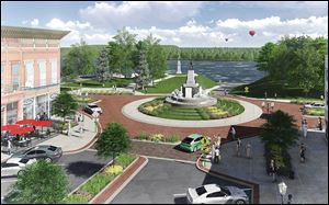 An artist’s rendering of the proposed $2.3 million beautification and renovation project along downtown Perrysburg’s Louisiana Avenue and Front Street  that would feature a local landmark, the statue of Commodore Oliver Hazard Perry, in the center of a  roundabout.
