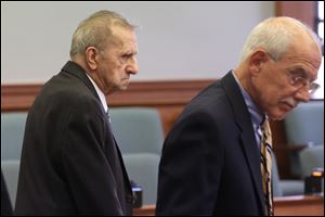 Robert W. Conboy, 84, left, stands with his attorney Thomas Douglas, right, in court Wednesday, July 30, 2014, before Conboy's sentencing for aggravated vehicular homicide and failure to stop in the Feb. 12 accidental death of pedestrian Donald Galdys, 59. 