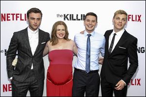 From left, Sterling Beaumon, Mireille Enos, Tyler Ross, and Levi Meaden attend Netflix's ‘‍The Killing’ season four premiere.