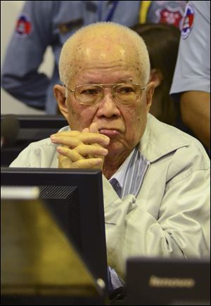 Khieu Samphan, the Khmer Rouge's former head of state, sits inside the courtroom of a U.N.-backed war crimes tribunal in Phnom Penh, Cambodia, today.
