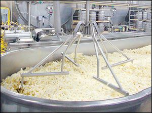 Cheese curds are agitated at Henningâs cheese factory in Kiel, Wis.