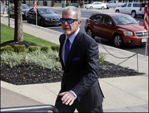 Indianapolis Colts owner Jim Irsay, shown entering Hamilton County court in Noblesville, Ind., has been suspended six games by the league. 