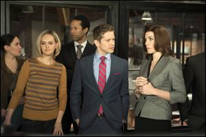 From left,  Jess Weixler, Matt Czuchry, and Julianna Margulies in a scene from ‘The Good Wife,’ which has replenished the stripped-bare courtroom genre with complex storylines that employ human relationships as much as legal brinksmanship.
