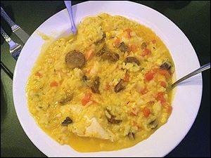 Paella Cielo Grande - saffron/rice/mushrooms/chicken/chorizo/shrimp/corn/tomatoes/creamy broth