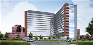 An artist’s rendering shows the back of the planned patient tower at ProMedica Toledo Hospital as seen from North Cove Boulevard. The tower is  expected to open in 2019. 
