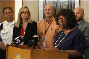 Mayor Paula Hicks-Hudson updates the current status of Toledo's water to a "Watch" during a press conference tonight at One Government Center.