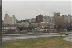 Downtown Youngstown skyline looking East. Once a city of 170,000 people, Youngstown has dwindled to roughly 65,000.