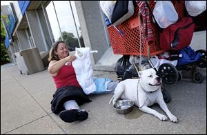 Diann Wears shops at Goodwill in downtown Toledo for a vest for her dog Cow to wear when the weather turns cold. Having a pet complicates getting services.