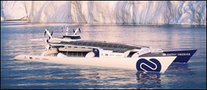 This computer image provided by Energy Observer shows the Energy Observer boat, which is powered solely by renewable energies and hydrogen. The first self-sufficient boat only powered by emission-free energy will start a six-year trip around the world next spring.